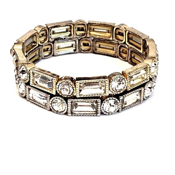 Silver & Gold Tone Clear Cabachon Stretch Bracelet Set - Picture 1 of 2
